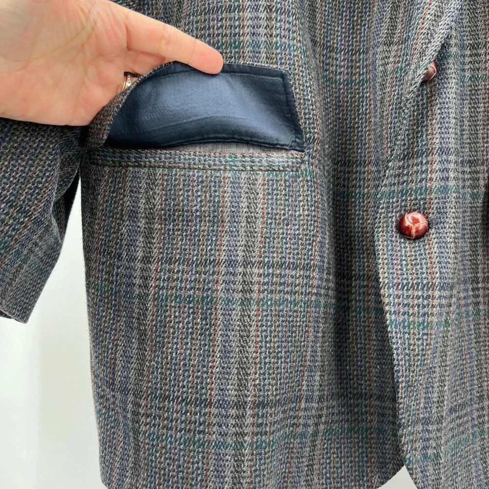 Men's Pendleton Blazer Jacket Wool Dark Blue Plaid‎ Leather Buttons Size 46